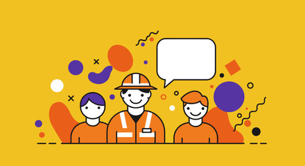 Smiling industrial worker and colleagues communicating with a speech bubble on a vibrant background, symbolizing teamwork, safety, and business collaboration.