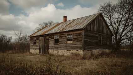 Fototapeta premium old rustic building with weathered wooden walls, worn stone foundation, and a faded metal roof, surrounded by overgrown vegetation and trees, with a large wooden door, old windows, and a chimney