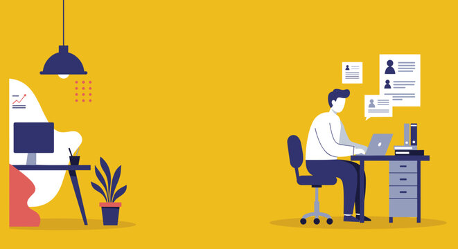 A focused man works diligently on his laptop at an office desk, surrounded by business documents. Ideal for concepts of productivity, recruitment, career development, and modern workflow.