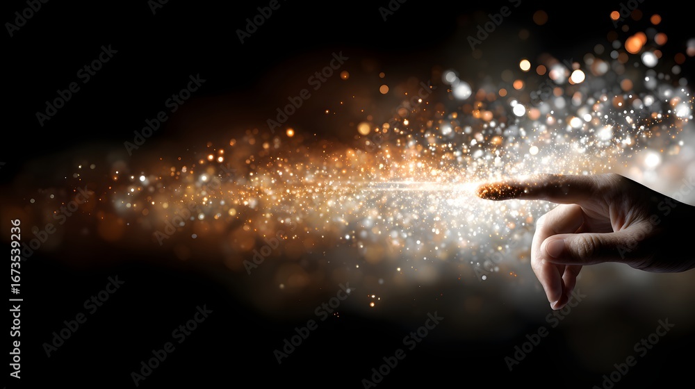 Poster a hand's fingertip directs a stream of sparkling light against a dark backdrop.