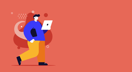 Modern flat design illustration of a person walking while focused on their laptop, representing mobile work, digital lifestyle, and technological connectivity. Ideal for business and tech themes.