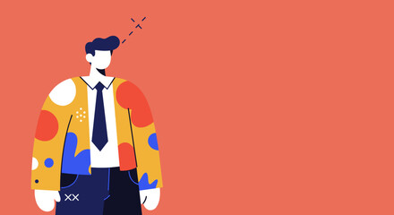 Stylized businessman in a vibrant jacket with a thought bubble, representing innovation, strategy, or individuality in a professional context.