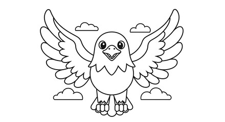 Fototapeta premium Cartoon Eagle with Wings Spread, Clouds, Black and White.
