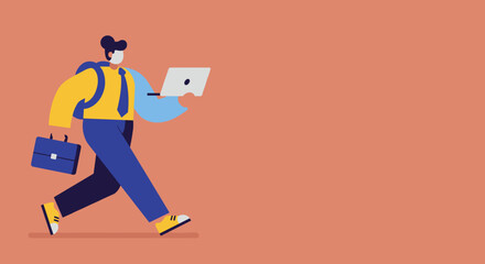 Dynamic illustration of a person walking, multitasking with a laptop, briefcase, and backpack. Represents modern work, remote productivity, and a busy professional life.