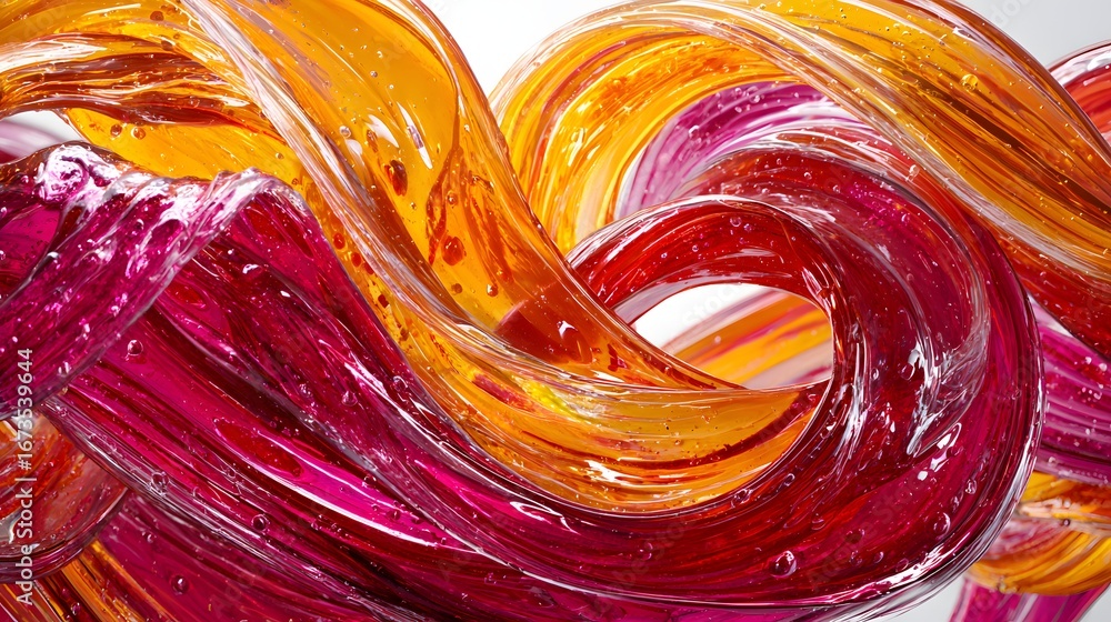 Poster vibrant swirls of translucent orange and magenta hues intertwine in a dynamic abstract composition.
