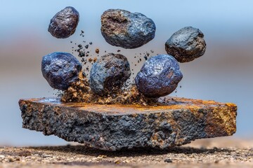Rusty metal slab, stones levitate, dramatic splash