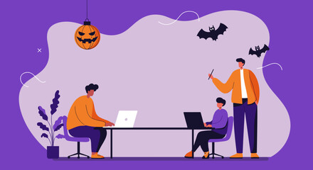 Colleagues work on laptops and collaborate in a modern office decorated for Halloween, blending productivity with seasonal festivities.