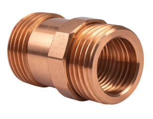  Angled Side View of Modern Copper Pipe Coupling, Highlighting Threads, isolated on Clear PNG or White Background