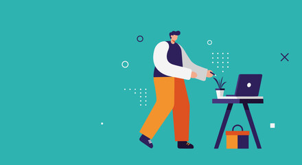 A modern flat design illustration of a man working creatively on a laptop at a small desk, representing digital business, online education, or remote productivity.