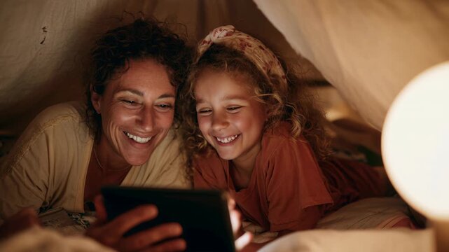Mother and daughter smile inside a cozy indoor tent, watching a tablet by warm evening lamps. Family, love, and quality time shared together at home. - Powered by Adobe