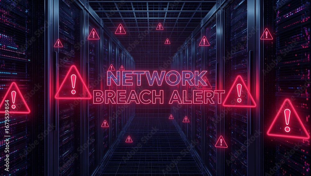 Poster digital representation of a network breach alert with neon elements and warning signs in a data cent