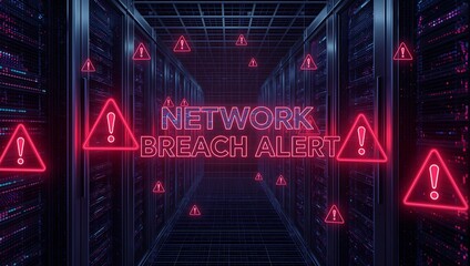 Digital representation of a network breach alert with neon elements and warning signs in a data center.