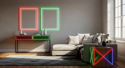 Living room with sofa, console table, and neon light decorations interior