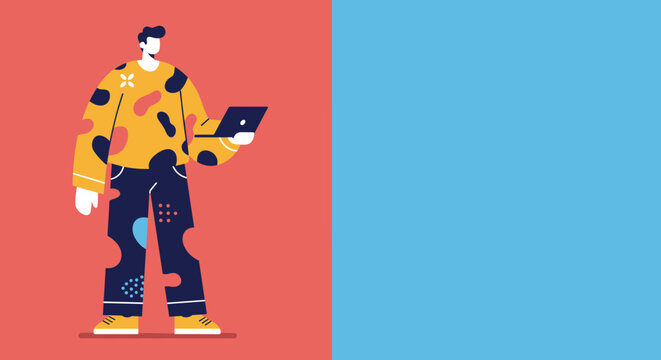 Modern man using a laptop, representing digital work, online learning, or creative collaboration. Vibrant illustration with copy space for technology and lifestyle concepts.