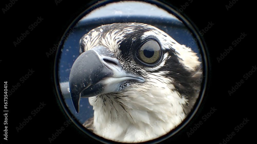 Poster close-up view of a bird's head, showcasing intricate patterns and piercing eyes through a circular o