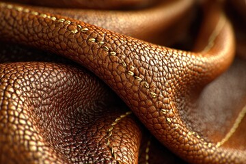 Fototapeta premium Rich brown leather with subtle stitching, showing texture and folds