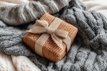 Gift box nestled in warm knit sweaters