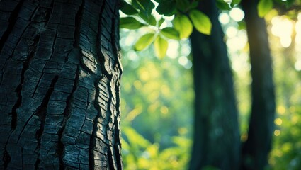 A close-up of tree bark in a forest with sunlight filtering through the leaves.