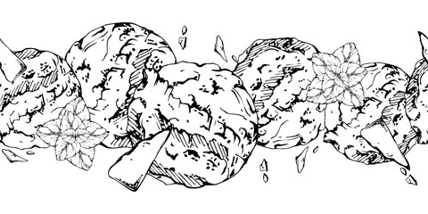 Mint leaves, crushed chocolate bar chips gelato ice cream scoops topped with flakes. Vector graphic seamless banner border hand drawn in pen and ink. Sweet dessert decor, printable card, event flyer