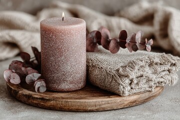 A lit candle, eucalyptus sprigs, and a textured textile rest on a wooden tray