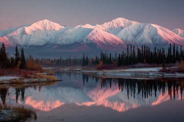Serene mountain reflection in calm water at dawn