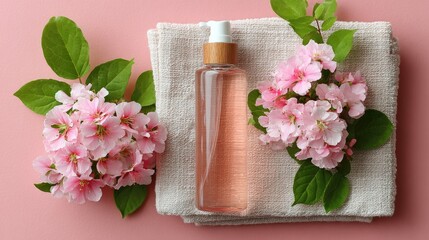Pink blossoms flank a clear bottle of liquid on beige towels