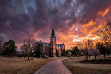 Brick path leads to gothic building at sunset, dramatic clouds