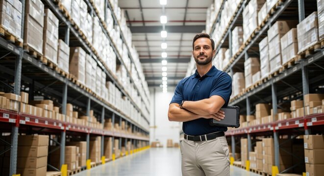 Portrait of a confident warehouse manager holding a tablet and standing with arms crossed in a large distribution center. - Powered by Adobe