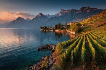 Sunlit vineyards slope down to a calm lake, mountains in the background at sunset