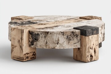 Rustic round coffee table with four thick, reclaimed wood legs and a mottled stone top