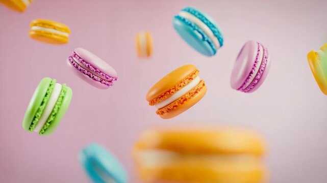 A colorful array of macarons are flying through the air. The macarons are of different colors and sizes, creating a vibrant and playful atmosphere. Concept of joy and indulgence