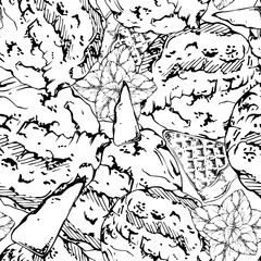 Sorbet gelato ice cream scoops with mint leaves and waffles, crushed chocolate bits garnish. Vector graphic seamless pattern hand drawn in ink. Party decor sheet, snack cafe flyer, street food stand