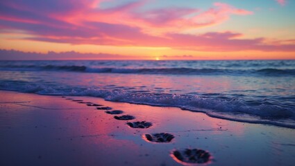 Footprints in the sand on the beach during sunset with the ocean and colorful sky in the background.
