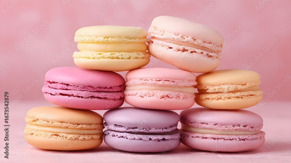 Poster a delightful array of pastel-colored macarons, stacked neatly in a pyramid formation, presents a swe