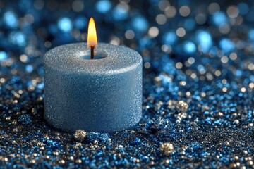 A blue candle burns brightly amidst shimmering blue and silver accents