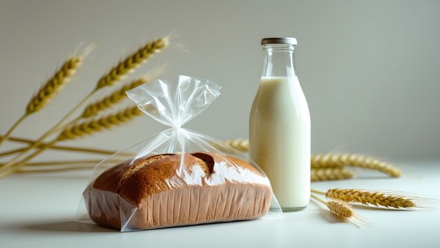Loaf of bread and a bottle of milk with wheat stalks in the background. Food and drink, dairy product, bakery. The concept of breakfast or bakery goods.