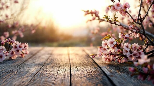 Blossoming Cherry Tree Branches on Wooden Table in Sunlight.