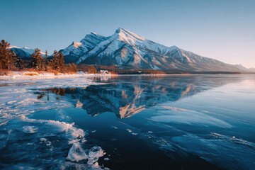 Snowy mountain reflected in a frozen lake at sunrise