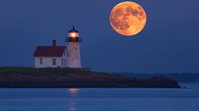 Coastal lighthouse at twilight with supermoon