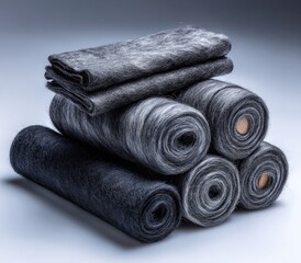 Stacked rolls and folded pieces of dark gray and charcoal-toned fabric