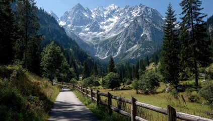 Mountain path through valley. Sunny alpine landscape