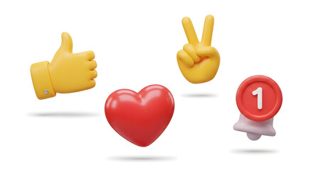 Thumbs up, peace sign, heart and notification bell isolated on white background