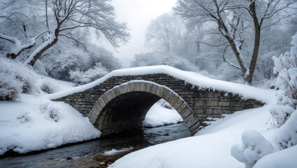 A stone bridge over a flowing stream in a snow-covered winter landscape with trees and fog.