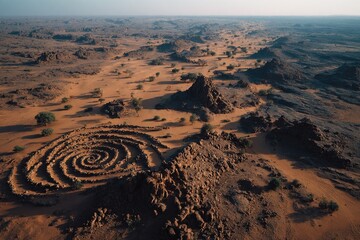 Aerial view of a spiral stone structure in a vast desert landscape