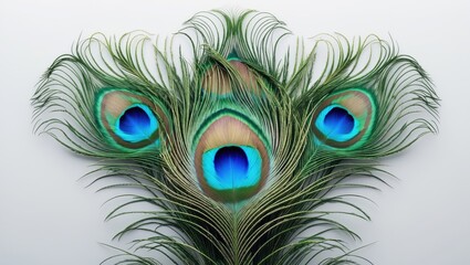 Obraz premium Colorful peacock feathers with eye-like patterns. Nature and wildlife, beauty and elegance, bird plumage. Ornamental and decorative feathers.