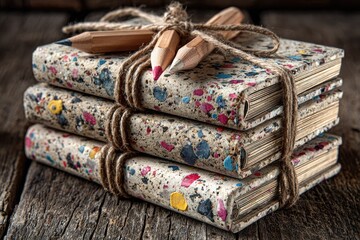 Stack of speckled, bound books tied with twine and pencils