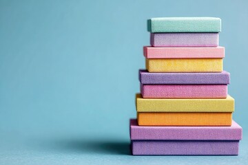 Pastel-colored boxes stacked in a pyramid against a light blue background