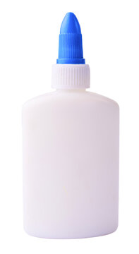 Back to school conception. Flying in the air school equipment. A PVA glue bottle levitating in the air isolated on white background