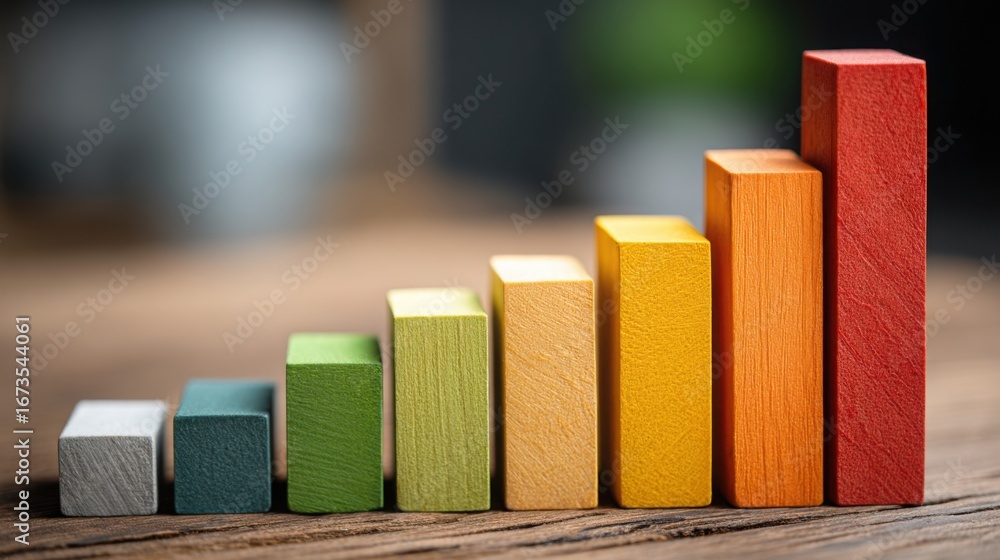 Poster wooden block next to rainbow colored block representing growth-value allocation chart for financial 