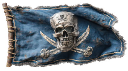 torn pirate Jolly Roger flag waving, isolated on white background